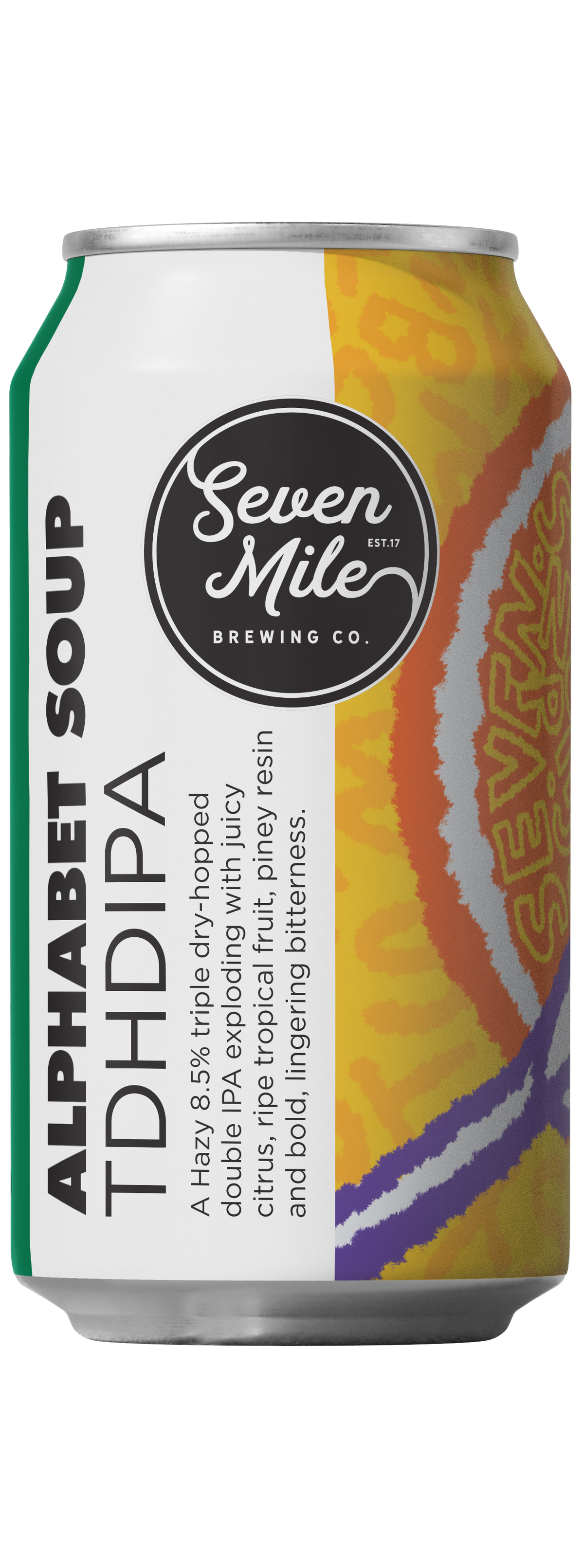 Two aluminum craft beer cans from Seven Mile Brewing Co. shown side by side with an artists interpretation of a bowl of alphabet soup with a purple spoon.