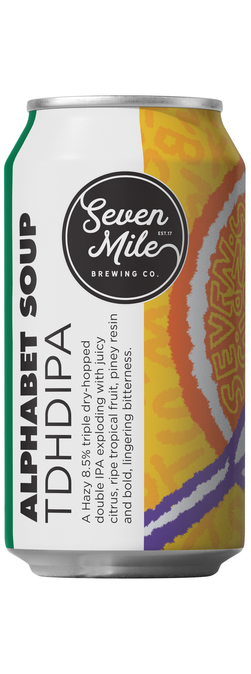 Two aluminum craft beer cans from Seven Mile Brewing Co. shown side by side with an artists interpretation of a bowl of alphabet soup with a purple spoon.