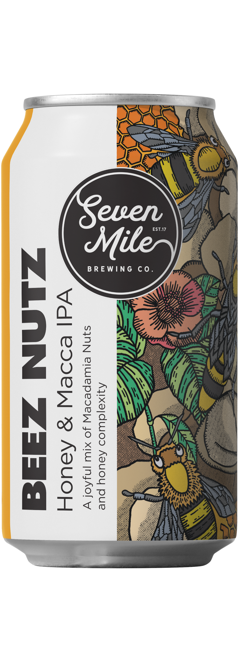 Beer can with artistic bee/honey design and 'Seven Mile Brewing Co' branding on a white background.