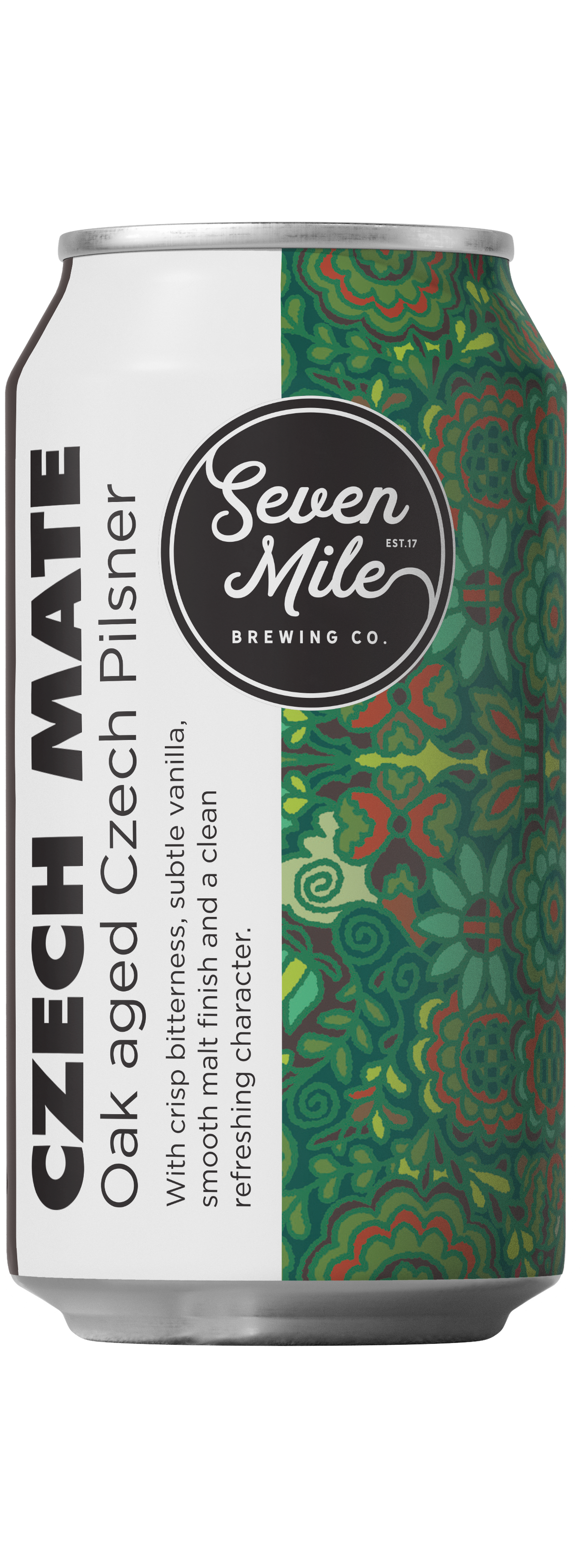 Two aluminum cans of Seven Mile Brewing Co. Czech Mate Oak aged Czech Pilsner shown on a plain white background, with one can displaying the front label and the other showing the decorative patterned back.