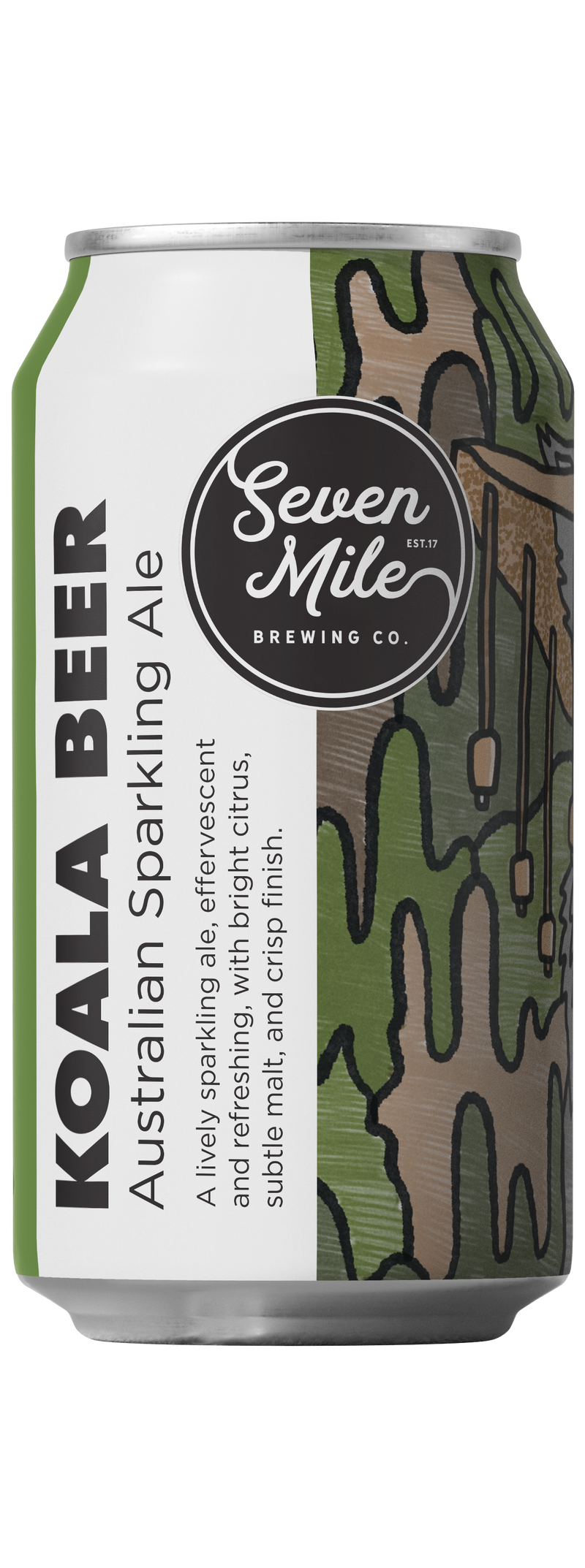 Seven Mile Brewing Co. canned ale shown side by side with a hand drawn image of a koala wearing a hat.