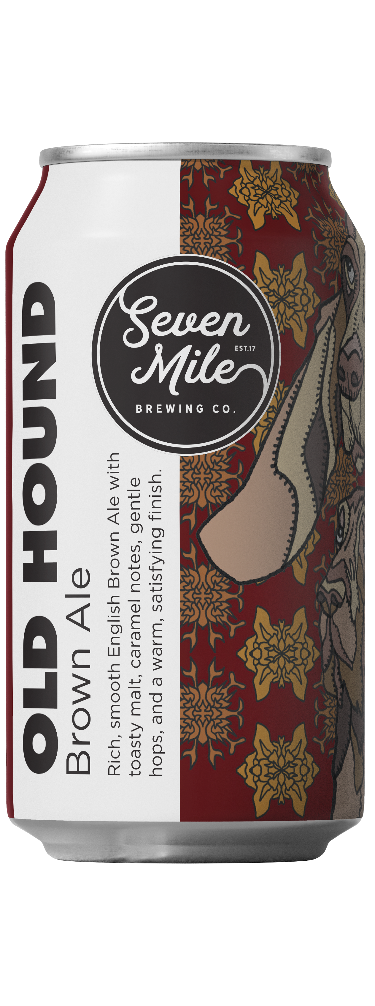 Two cans of Seven Mile Brewing Co. Old Hound Brown Ale with a dog illustration on a white background.