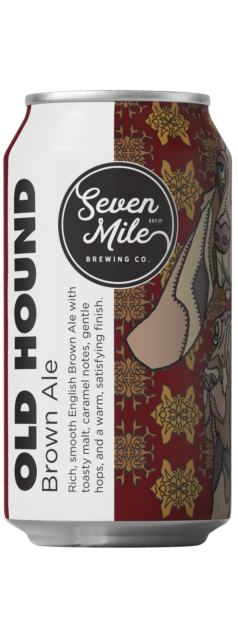 Two cans of Seven Mile Brewing Co. Old Hound Brown Ale with a dog illustration on a white background.